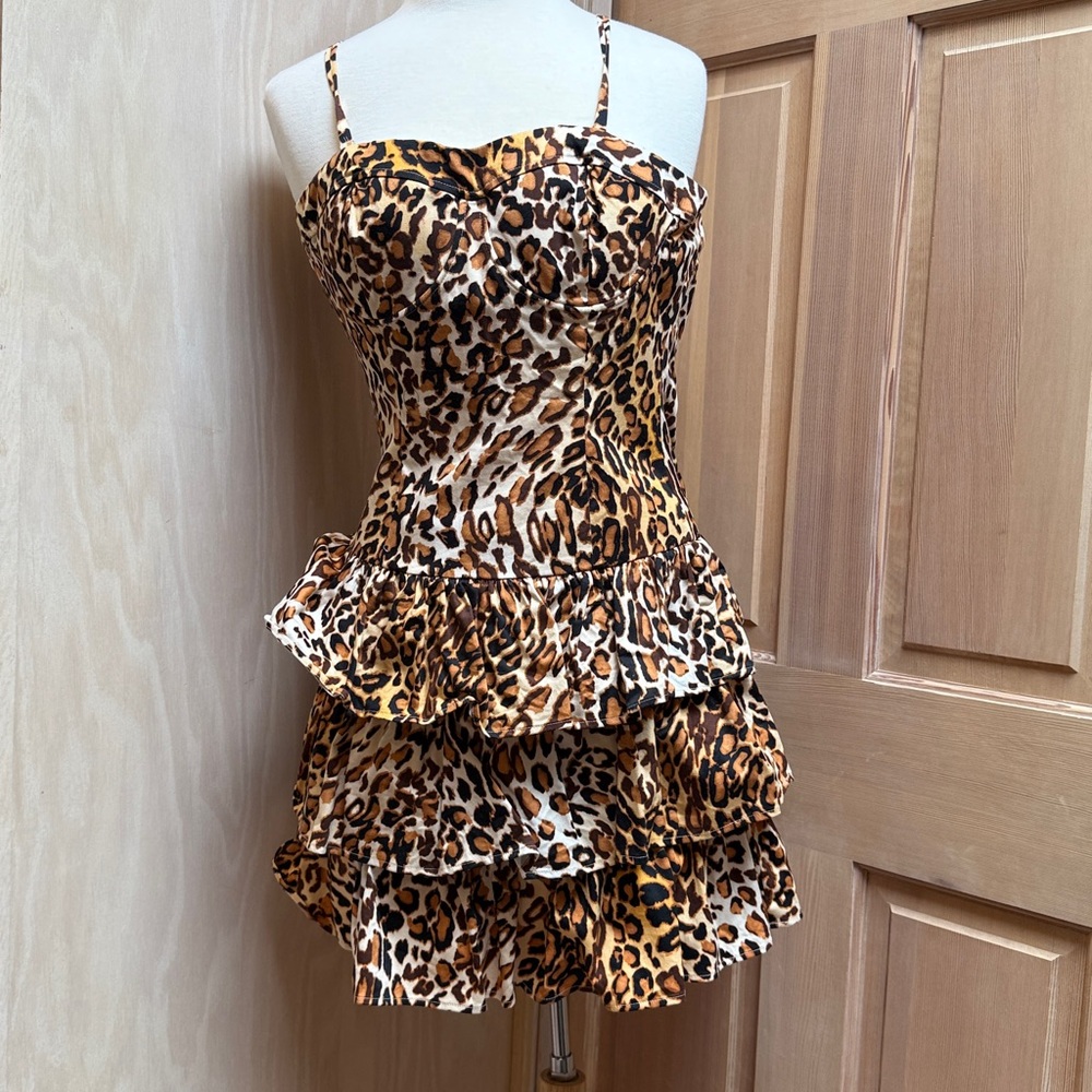 Guess Brown Leopard Print Tiered Dress